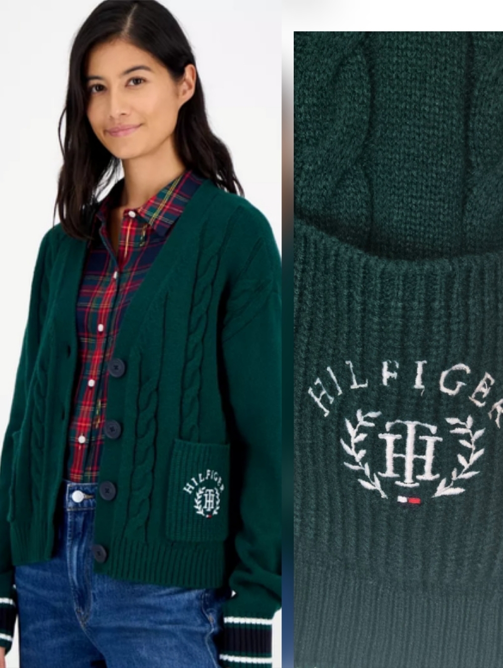 Tommy Hilfiger Green Cable-Knit Varsity Preppy V-Neck Cardigan Size Medium